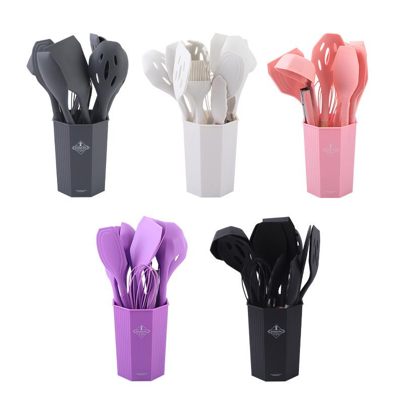 12-piece Set Wooden Handle Silicone Kitchen Utensils Silicone Kitchen Utensils Non-stick Pan Cooking Spatula Baking Storage Tool