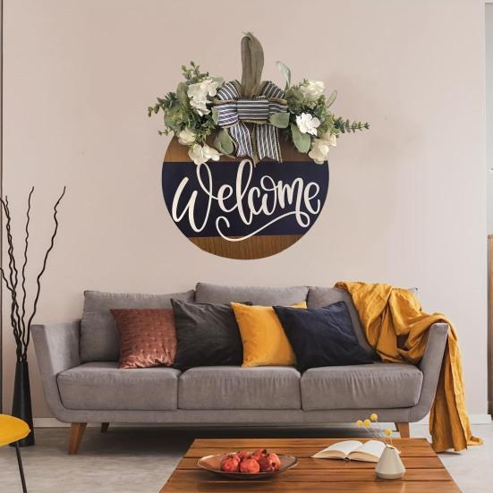 Front Door Welcome Sign Farmhouse Rustic Round Wooden Bowknot Letter Welcome Wreath All Seasons Indoor Outdoor Porch Door Hanger Wall Hanging