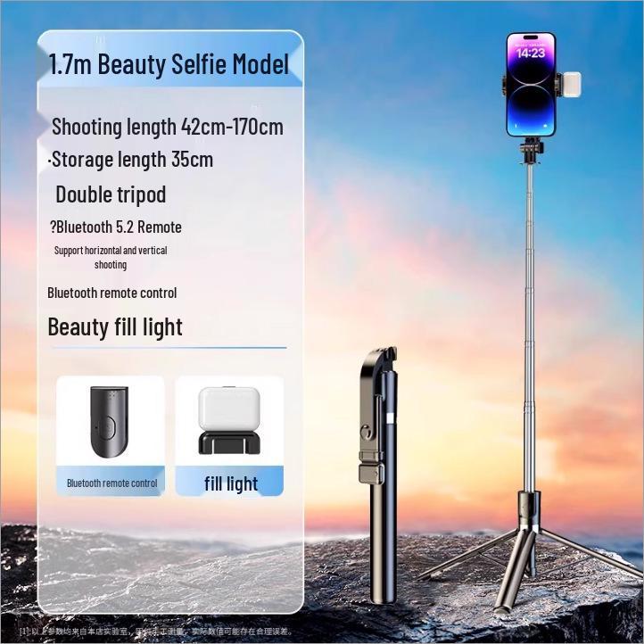 Bluetooth Selfie Stick with Umbrella-Style Tripod, Detachable Beauty Light, and Handheld Convenience