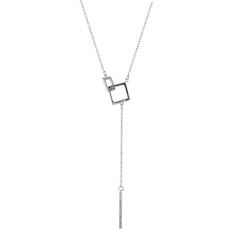 Trendy Geometric Square Tassel Long Necklace in Electroplated Sterling Silver