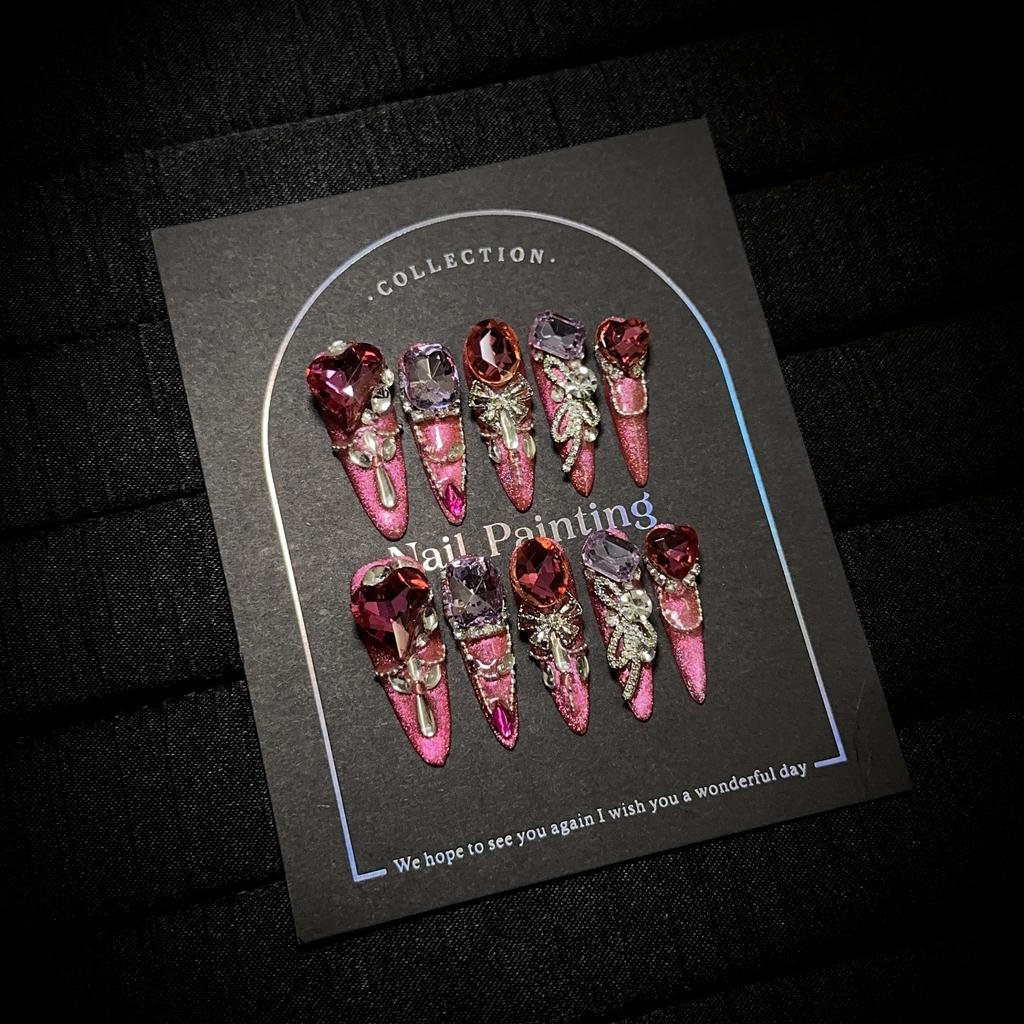 Handmade Luxury Press on Nails Long Almond French Tip Sparkly Fake Nails 3D Rhinestones Designs Acrylic Nails Reusable Stick on Nail for Women