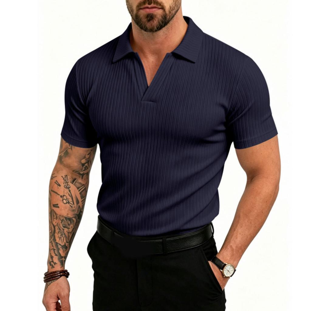 Men's Stretch Breathable Polo Shirt V Neck Ribbed Knit Short Sleeve T Shirt Casual Lightweight Summer Top