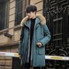 Medium and Long Down Jacket Men's Loose Hooded Big Fur Collar Trend Korean Version Handsome Green