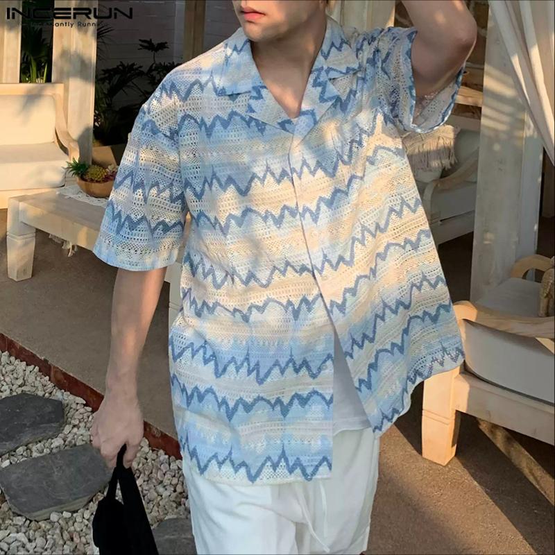 INCERUN Men Lapel Short Sleeve Striped Crochet Hollow Casual Oversized Shirts