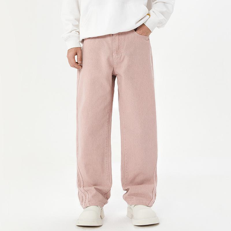 

Американский Ретро Розовый Вареный Деним Мужские Трехполосные Атмосферные Широкие Повседневные Брюки XXXL