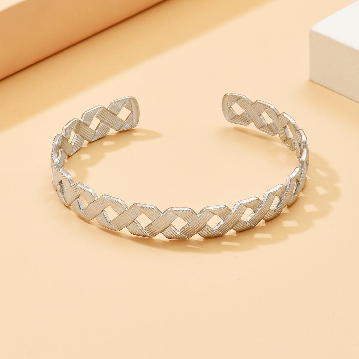 Stainless Steel Romantic Hollow Weave Open Bangle Bracelet for Women