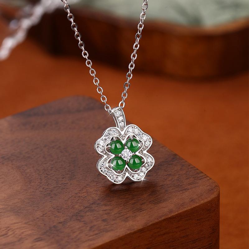 Beautiful High-quality Natural Dangerous Material Jadeite Blue Water Four-leaf Clover Necklace Sterling Silver S925 Premium Collarbone Chain Women