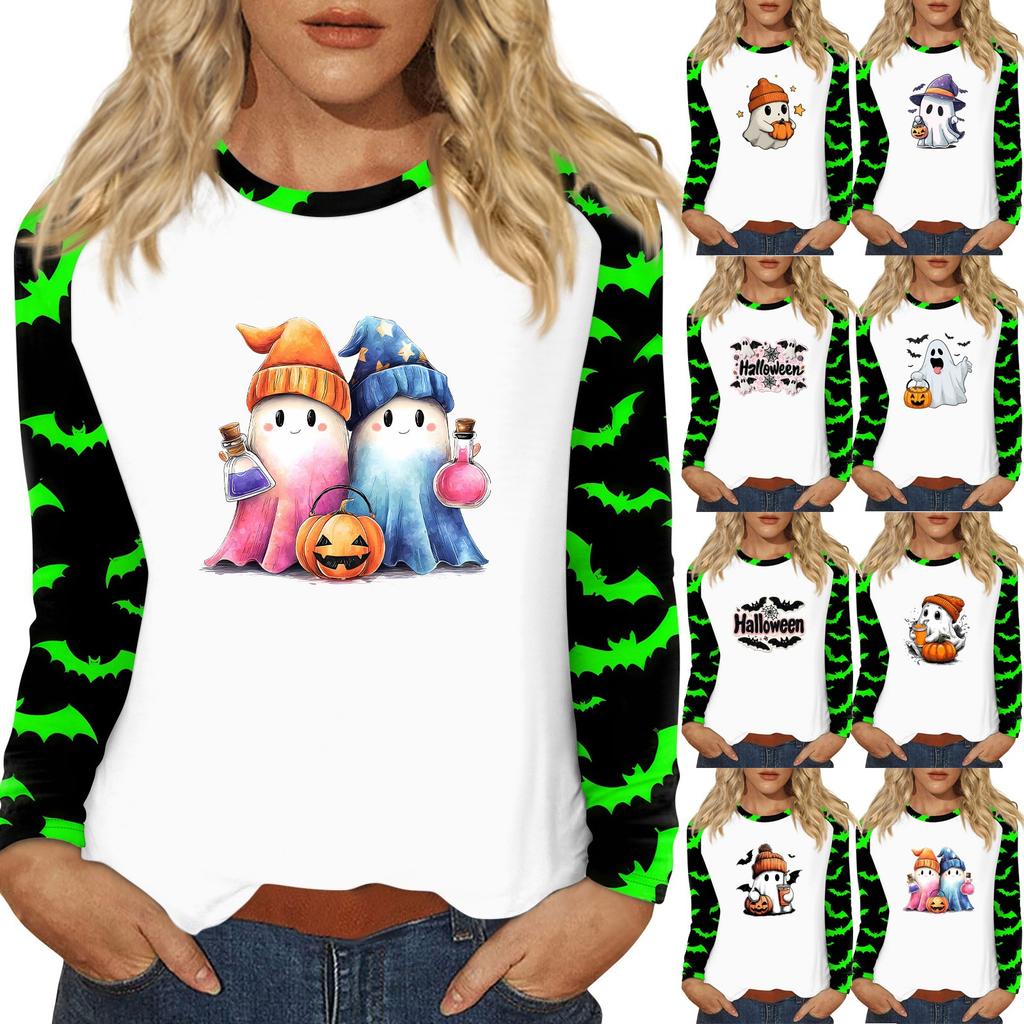 Women's T Shirt Halloween Print Long Sleeve Daily Fashion Basic Round Neck Raglan Sleeve Top