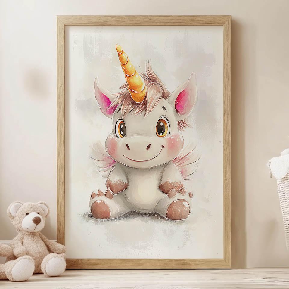 Poster Cute Unicorn In Pastel Colors Poster Cute Unicorn In Pastel Colors, 50X70 Cm, Gold Aluminum Frame, 230 Gs Matte Paper