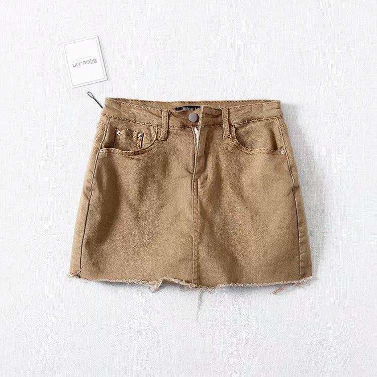 YPFF Women's High-Waisted Stretch Denim Midi Skirt with Raw Edge & Anti-Exposure Design