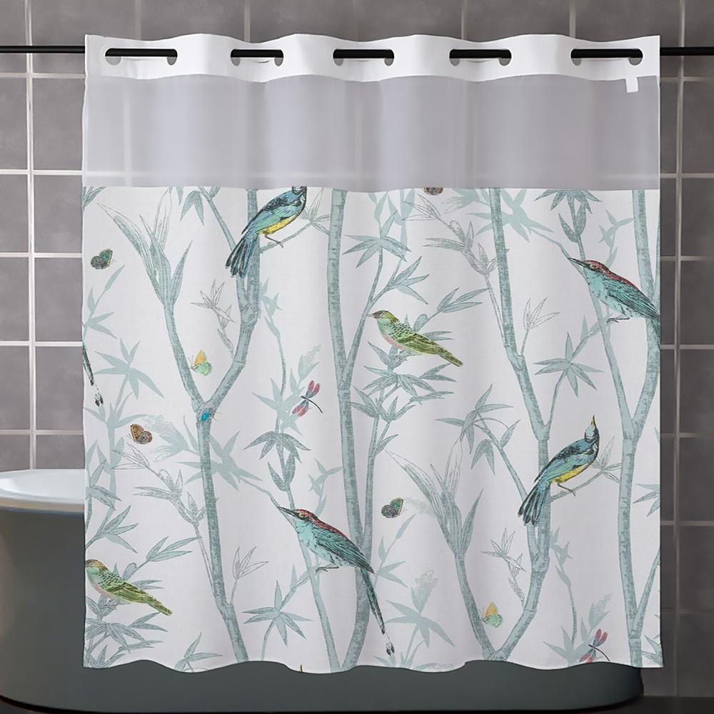 

No Hook Bamboo and birds Shower Curtain With Snap-in Fabric Liner, Sheer Top Window, Waterproof Double Layer Bathtub curtain 180X188cm синий