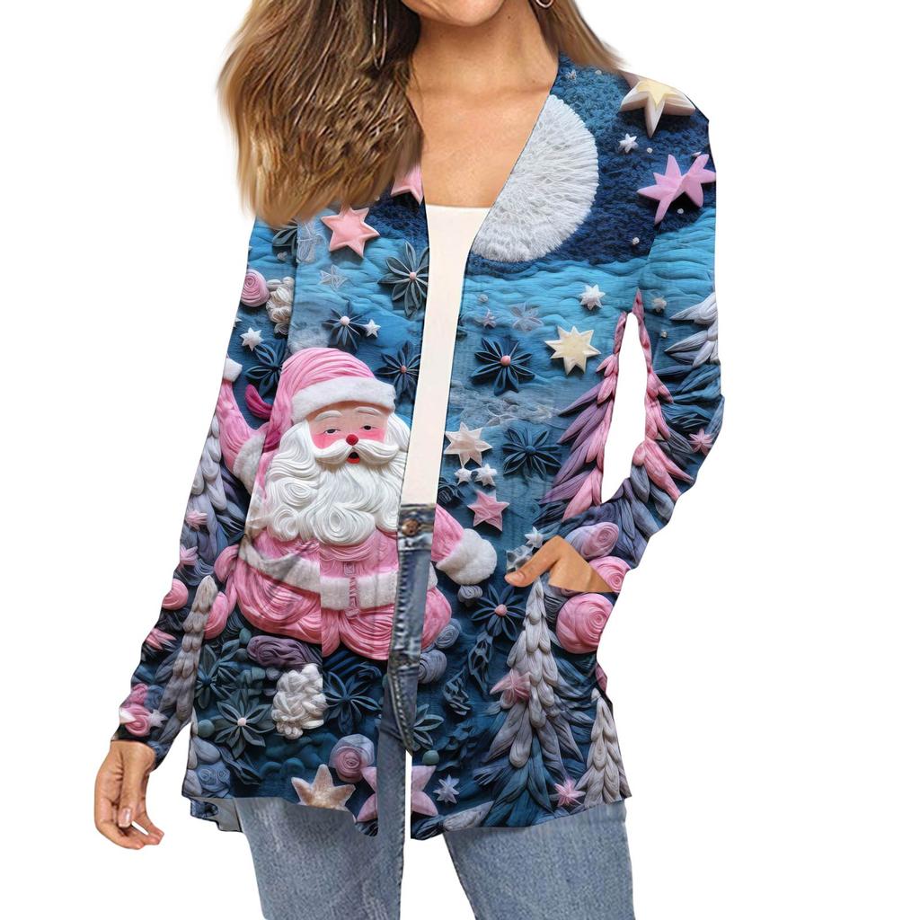 Dámský módní vánoční potisk dlouhý rukáv kapsy slim fit kardigan kabát