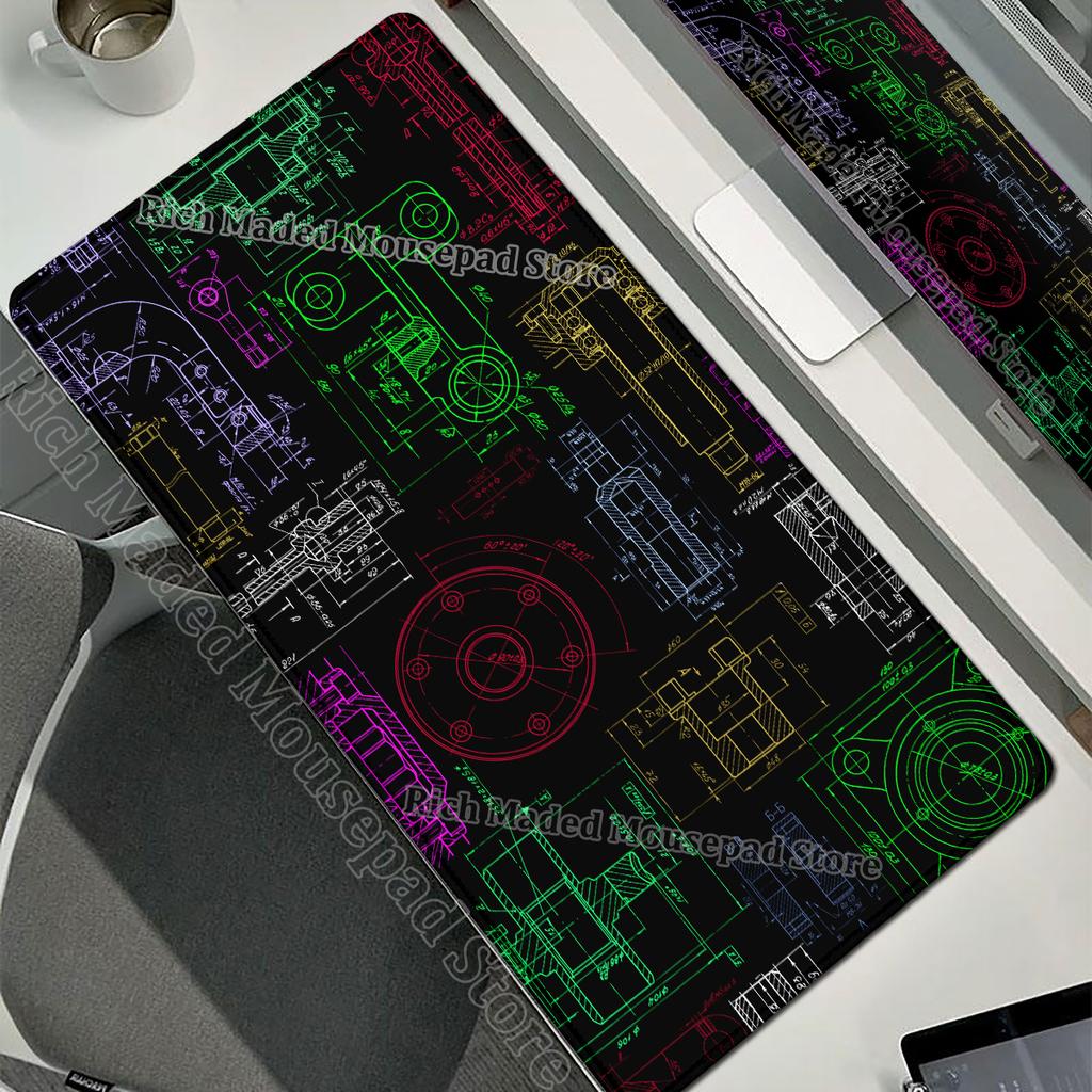 Tappetino per Mouse Nero Grande Disegno Meccanico Ingegnere Mousepad HD XXL Minimalismo Mousemat Tappeto di Gomma Tappetino per Scrivania Accessorio per PC Gaming