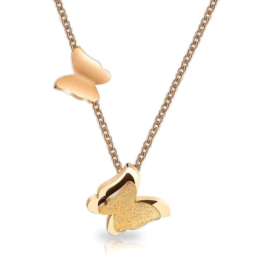 Stainless Steel Double Layer Frosted Butterfly Necklace
