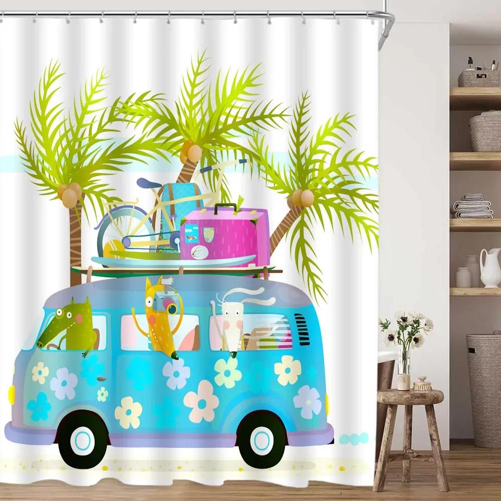 

Travel Camper Shower Curtain Rv Summer Ocean Surfboard Camping Palm Tree Rustic Plank Polyester Fabric Bathroom Decor Curtains W60H190(CM)-1 Pcs