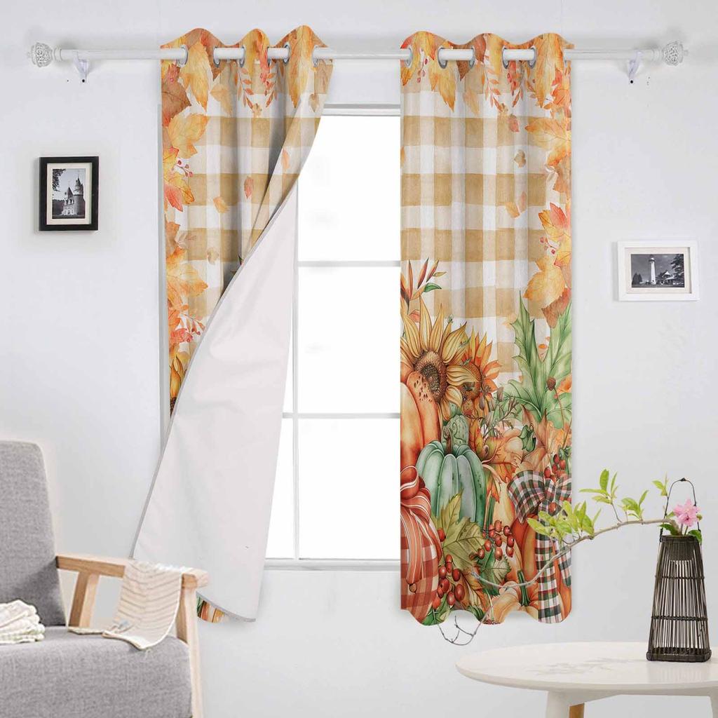 Thanksgiving Kürbis Blätter Sonnenblume Gitter Verdunkelungsvorhänge für Wohnzimmer Schlafzimmer Fensterdekoration Vorhänge Heimdeko