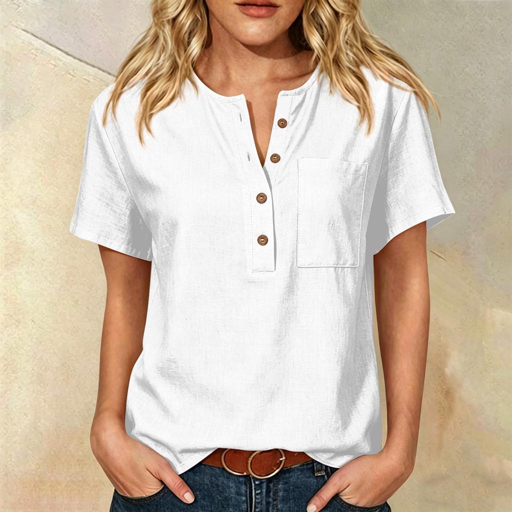 Women Henley Button Neck Short Sleeve Cotton Linen Shirt with Chest Pocket Relaxed Fit Casual Top for Everyday Wear
