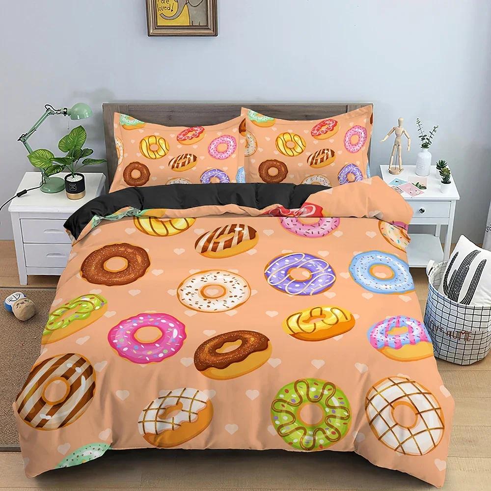 Donut Print Comfortable Duvet Quilt Cover Pillowcase Bedding Set Children Bedroom Decoration Home Textile