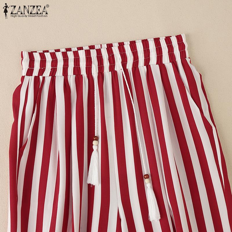 ZANZEA Women Casual Elastic Waist Loose Stripe Print Pants
