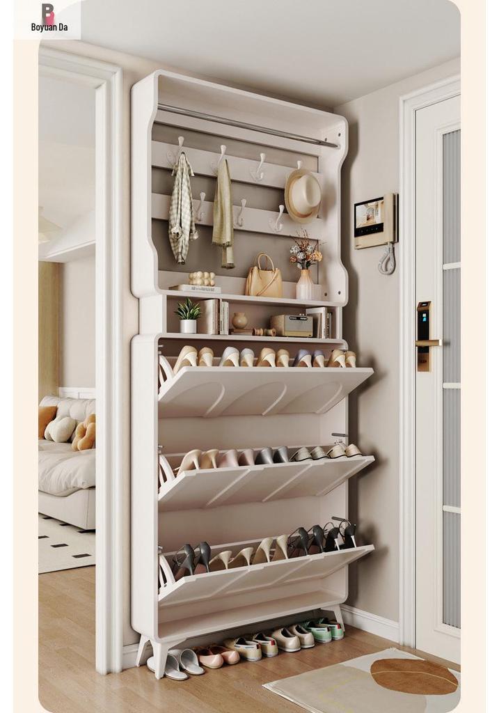 Ultra-Thin Flip-Top Shoe Cabinet & Coat Rack for Entryway Hallway Storage