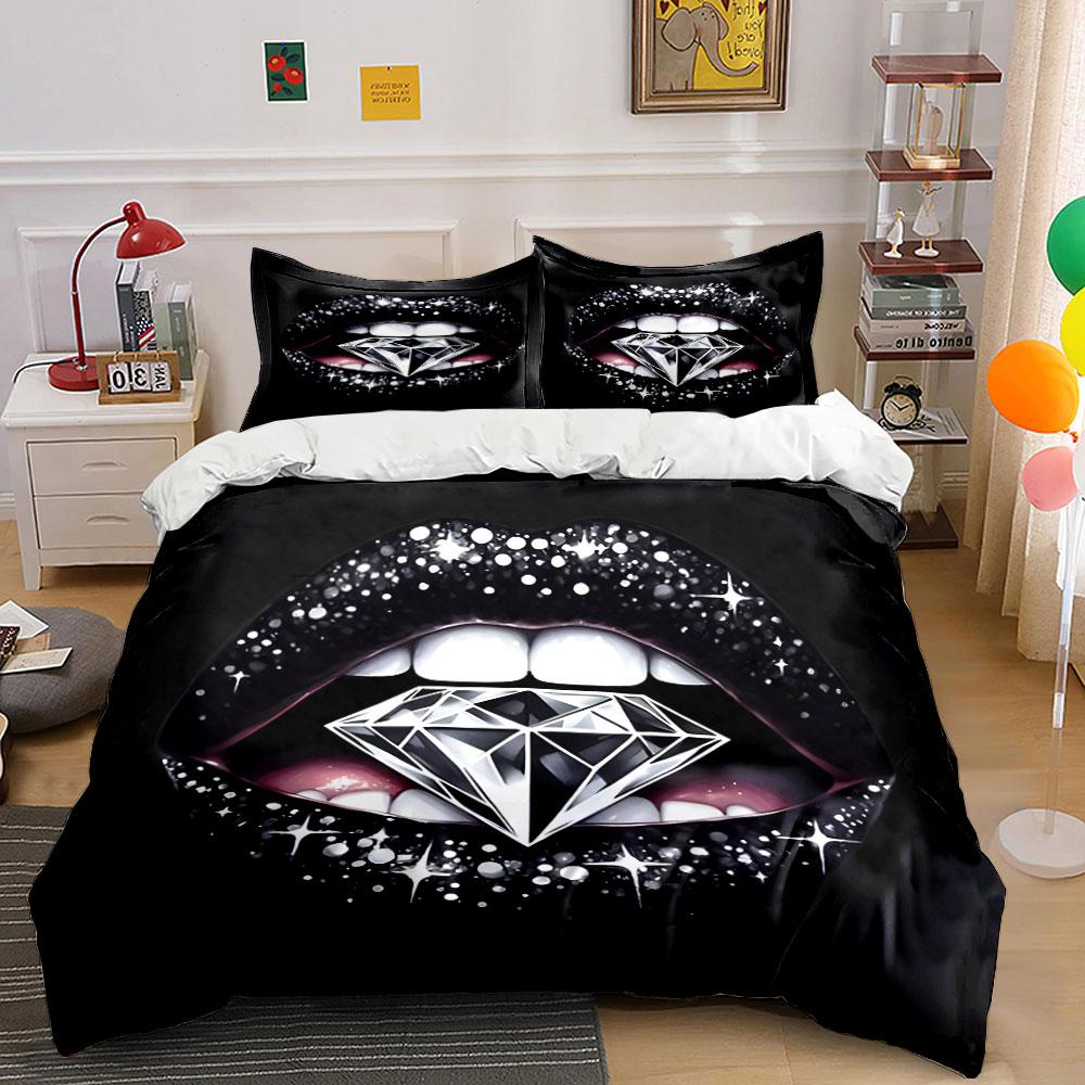 Diamond Glitter Lips Art Bedding Duvet Cover Set (1*Duvet Cover 2*Pillowcases, without duvet insert)