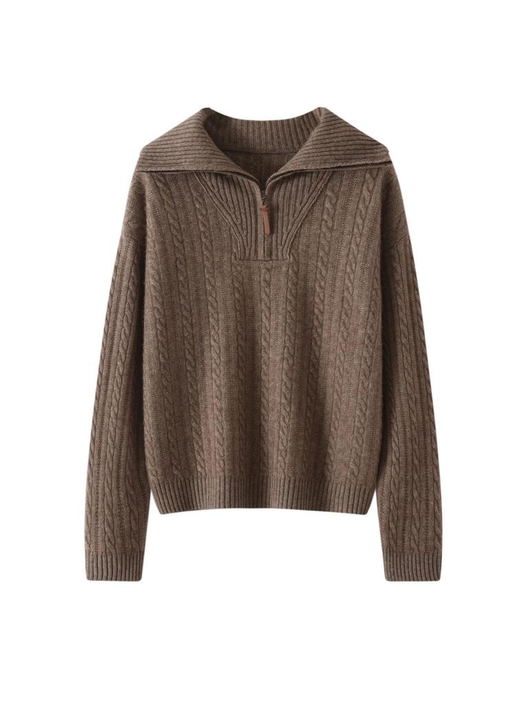 Women's Thickened Cashmere Cable Knit Half-Zip Lapel Sweater - Autumn/Winter Casual Trend