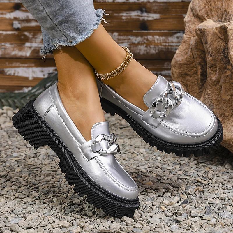 Fashion Women's Loafers New Thick Sole Chain Silver Shoes for Women 2025 Fashion Platform Shoes Woman Comfort Slip on Flats Plus Size 43