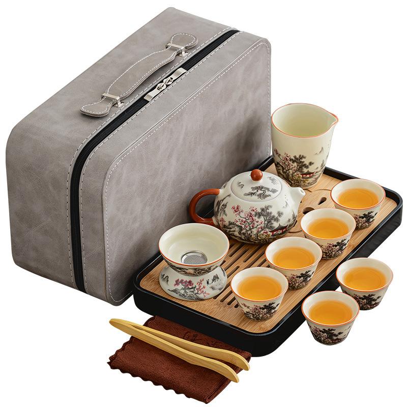 Kung Fu Tea Set Ru Kiln Black Pine Plum Blossom Teapot Set High-end Guest Tea Light Luxury Leather Bag Enterprise