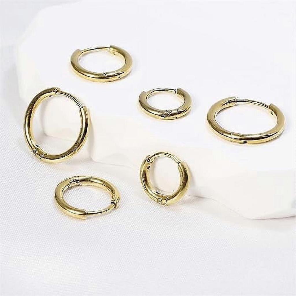 10 Pairs 316L Stainless Steel Earring Set 14K Gold Plated Small Hoop Earrings Flat Back Stud Earrings for Women Men, Gold
