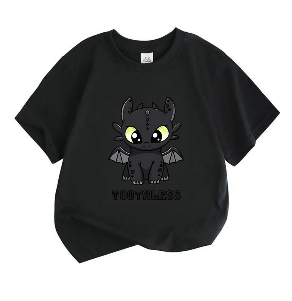 Kids Boys Girls 100% Cotton Crew Neck Short Sleeve T-shirt, Cute Cartoon Black Dragon Print Casual Soft Breathable Summer Tee for Toddlers Children Da