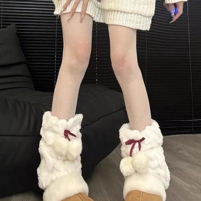 Autumn Winter Warm Knit Plush Socks Cute Bow Pom Pom Leg Warmers Japanese Stacked JK Mid Calf Socks
