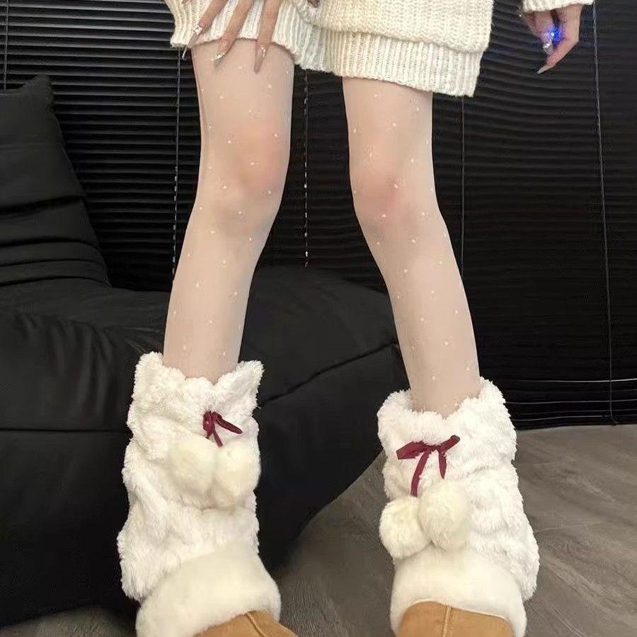 Autumn Winter Warm Knit Plush Socks Cute Bow Pom Pom Leg Warmers Japanese Stacked JK Mid Calf Socks
