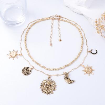 Personalized Retro Trend Design Sense Alloy Sun Moon Pendant Double Layer Stacked Chain Women's Necklace