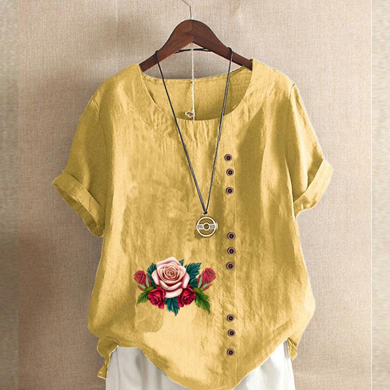 Women's Fashion Flowers Prined Short Sleeve T-shirt Loose Cotton Shirt Casual Loose Summer Blouse Tops Plus Size