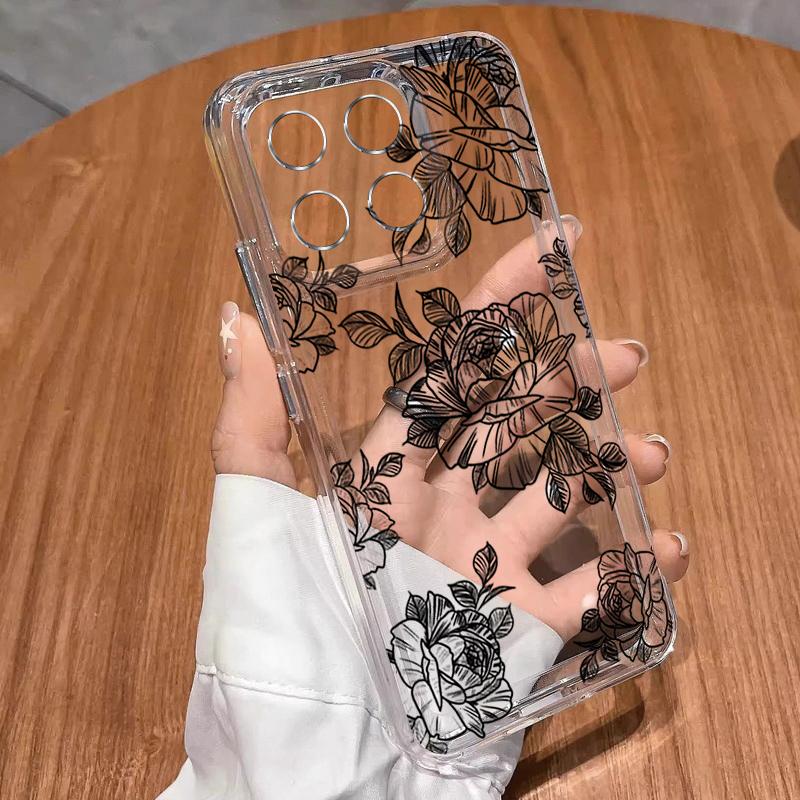 Black Line Floral Pattern Case For Xiaomi Redmi Note 15 Pro 4G Funda Redmi Note 14 13 Pro 5G Clear TPU Silicone Soft Cover