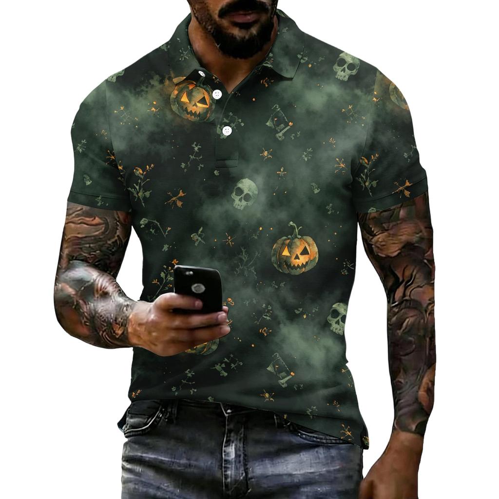 Men's Halloween Print Short Sleeve Polo Shirt Loose Fit Casual Summer Everyday Top with Button Placket and Classic Collar for Daily Wear