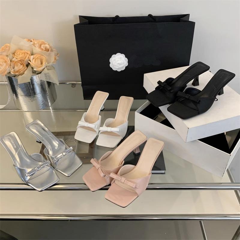 High heels gentle bow square head open-toed sandals women's 2025 summer new soft-soled simple one-word slippers non-slip