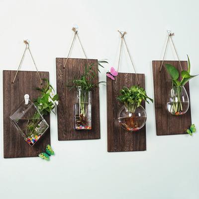 Ev Dekorasyonu Dikey Duvara Asılı Cam ve Ahşap Vazo Teraryum Hidroponik Bitki Bonsai