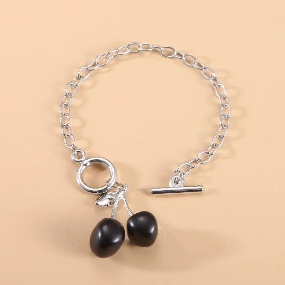 Tredy Alloy Black Cherry Necklace Resin Fruit Collar Chain Retro Korean Style Red Cherry Bracelet Gift