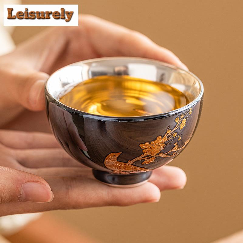 60 ml Stapelbare Keramik-Teetasse mit goldener Blume und Vogel, 999 vergoldetes Silber, Meditationstasse, kleine einzelne Meistertasse, Teeschale, Kung-Fu-Teeservice