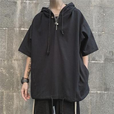 Men's Short-Sleeve Hooded T-Shirt - Trendy Summer Loose Harajuku Style, Hong Kong Casual Fashion, Five-Point Sleeve.