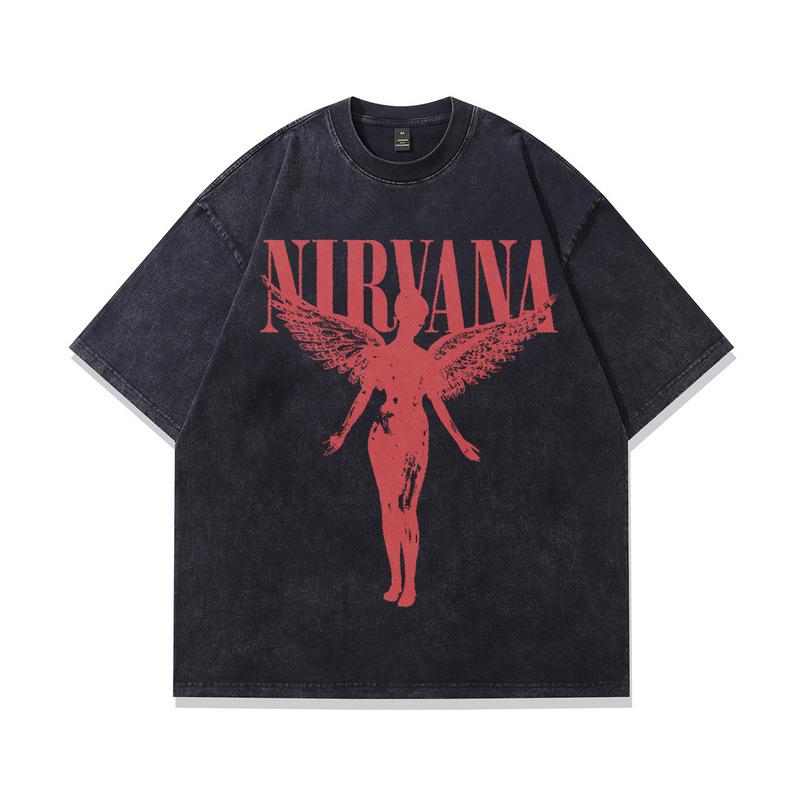 TKPA American Retro Nirvana Band Vintage Washed Short Sleeve T-shirt for Men