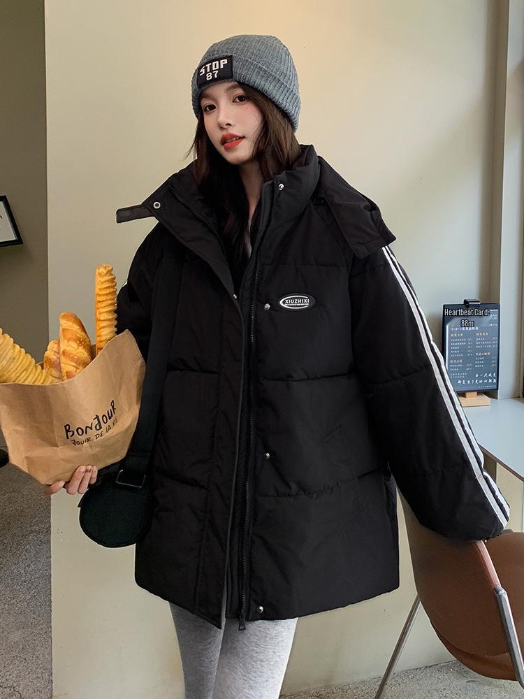 Women's 2024 Korean-Style Black Down Cotton Jacket - Winter Loose Fit, Trendy & Thickened for Students.