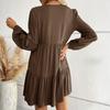 Women's Fashionable Color Long Sleeved V-neck Pleated Casual Loose Dress