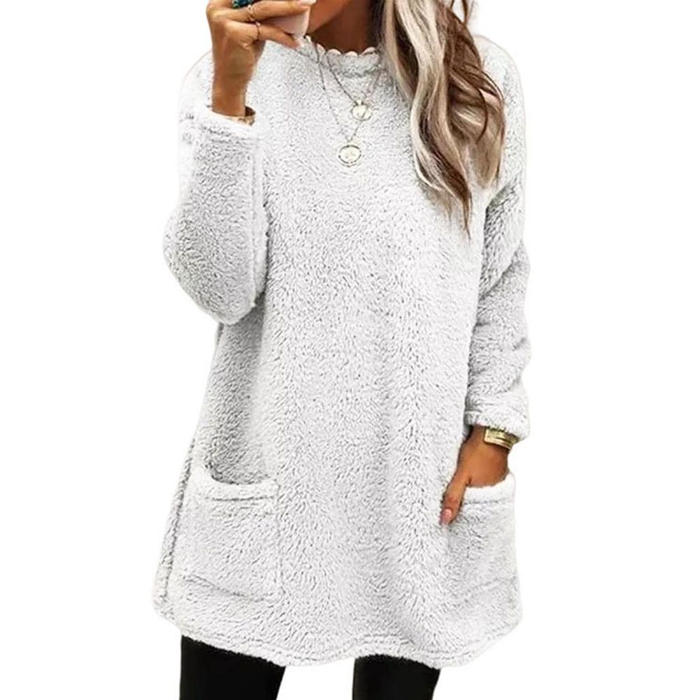 Women Loose Fleece Sweatshirt Coats Autumn Winter O-Neck Pocket Long Sleeve Pullover Sweatshirt Tops Long Sleeve with Pockets