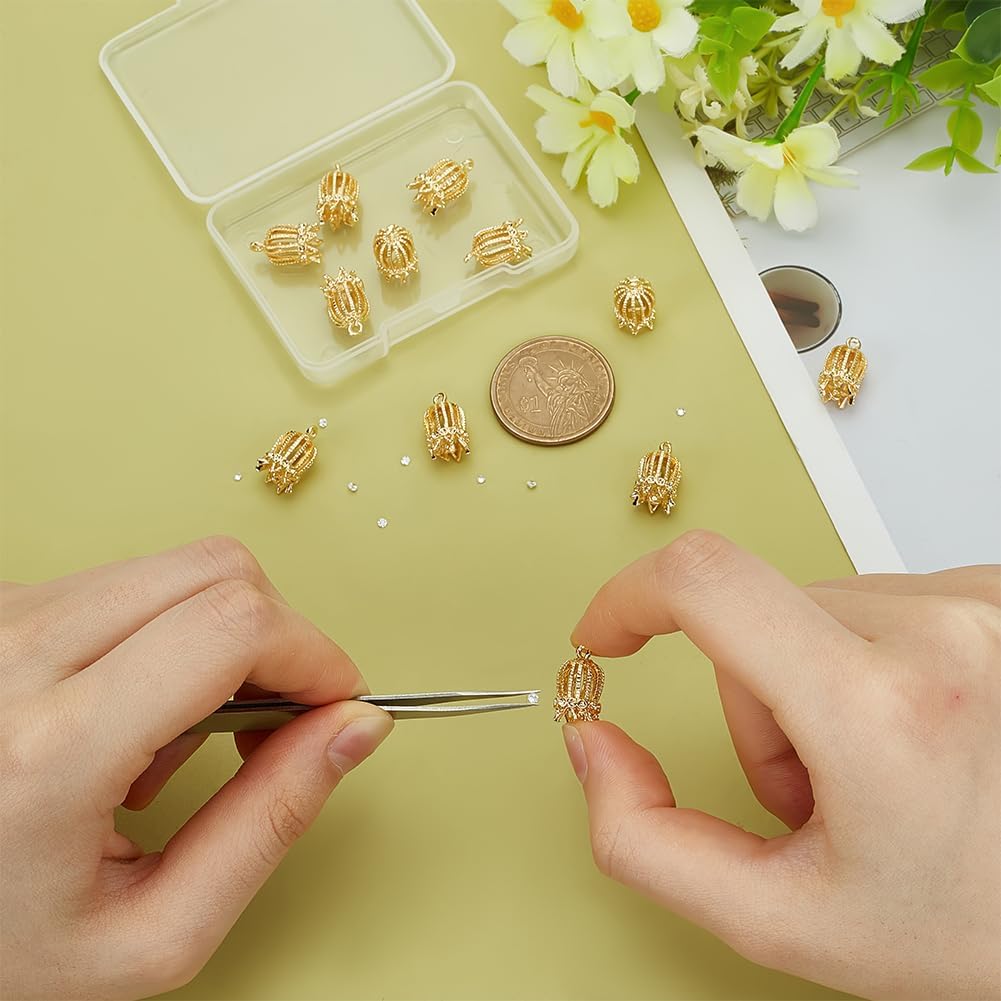 

PH PandaHall 18K Gold Plated Pearl Cage Pendant, 12pcs Golden Birdcage Pendant Mounting Setting Bead Frame Brass Blank Bead Cage Locket for 1mm Beads