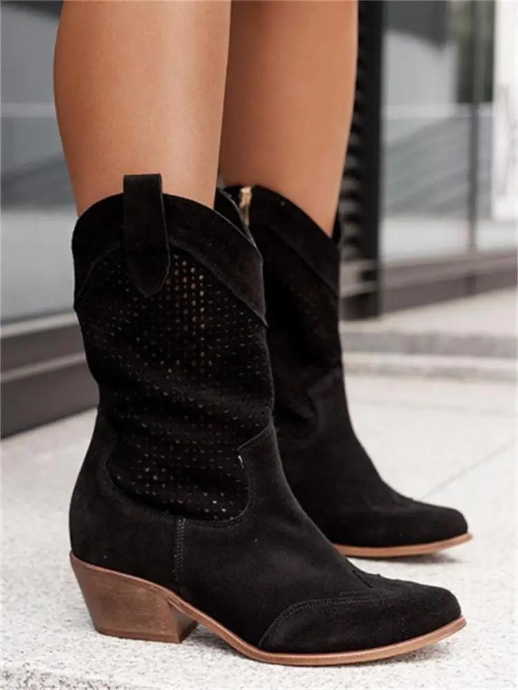 Fashion Women's Boots Mid Calf Retro Simple Suede Boots 5CM Square Heel Winter New Product Burnt Flower Suede Low Tube WomenShoe