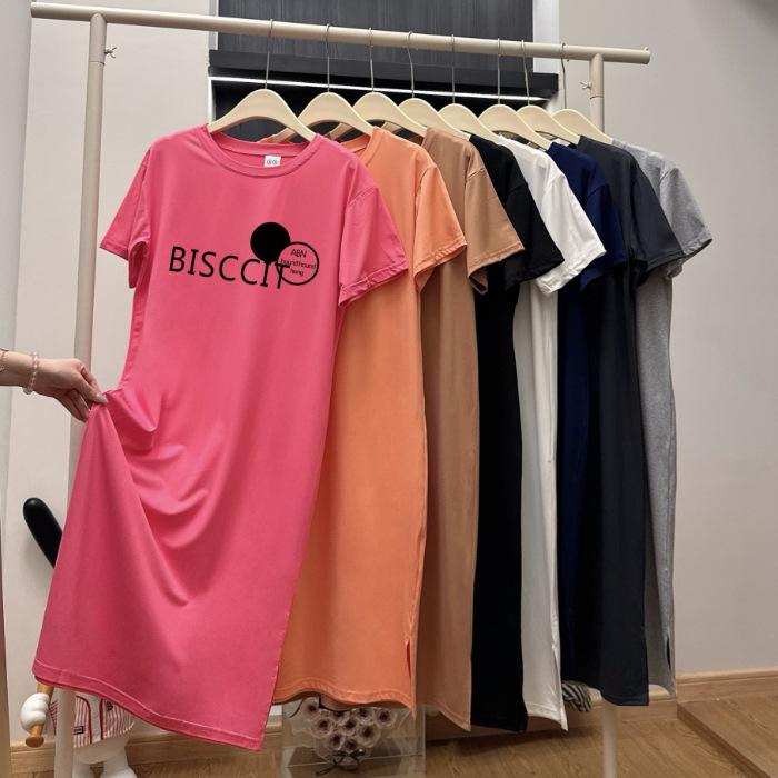 Knee-length T-shirt Dress, Loose, Casual and Laid-back Style Straight Skirt, Round-neck Double Slit Short-sleeved Dress for Women In Summer