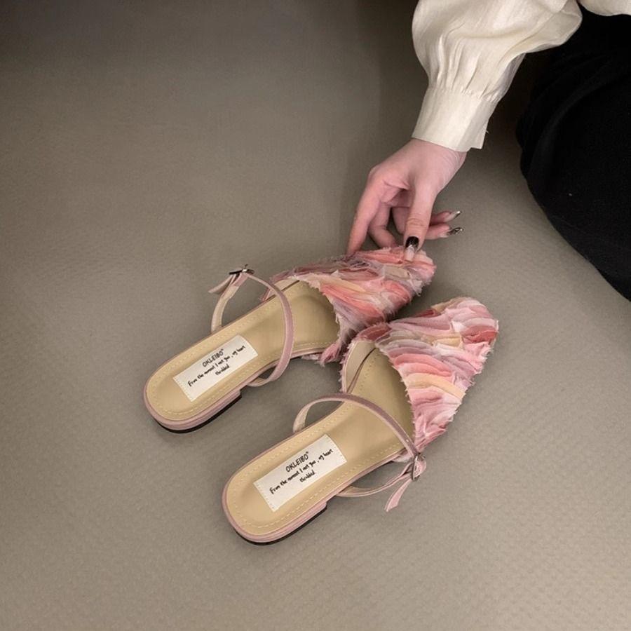 Woman Slippers Square Toe Slides Buckle Low Heel Shoes for Women Summer Sale Stylish Sandals Chic and Elegant Wholesale 39 Shoe