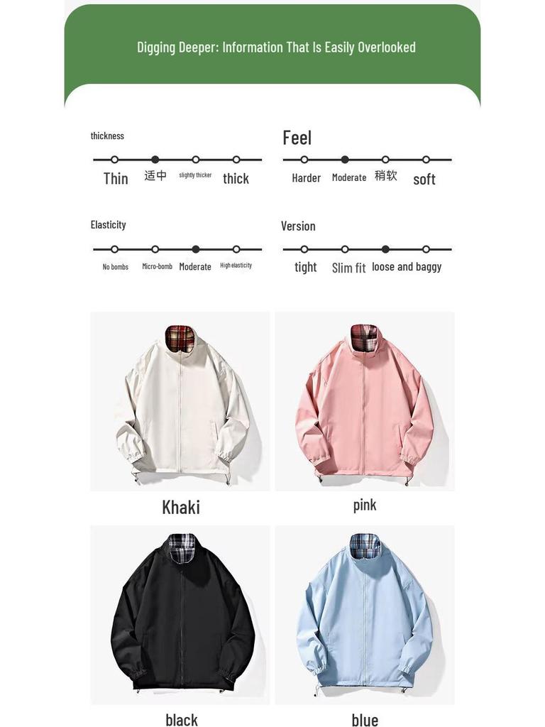 Men's Casual Double-Sided Plaid Patchwork Jacket - Stand Collar, Versatile Spring/Autumn Outerwear in American and Japanese Style